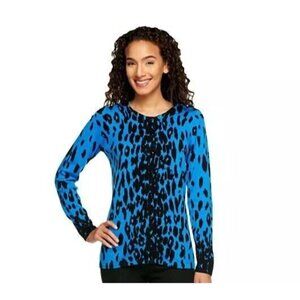 Linea by Louis Dell'Olio Cardigan Sweater Plus 3X Button Front Blue Animal Print